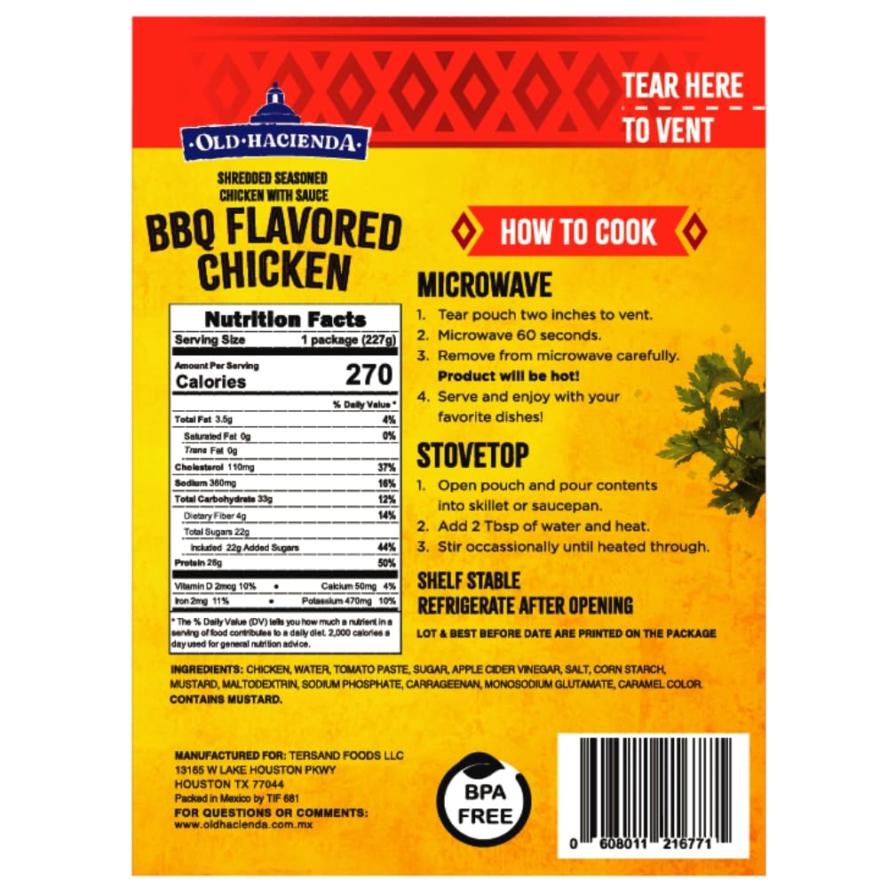 Old Hacienda BBQ Flavored Chicken | 100% Shredded Seasoned Chicken with Sauce | Fully Cooked & Ready to Eat | 26g Protein | No Preservatives or