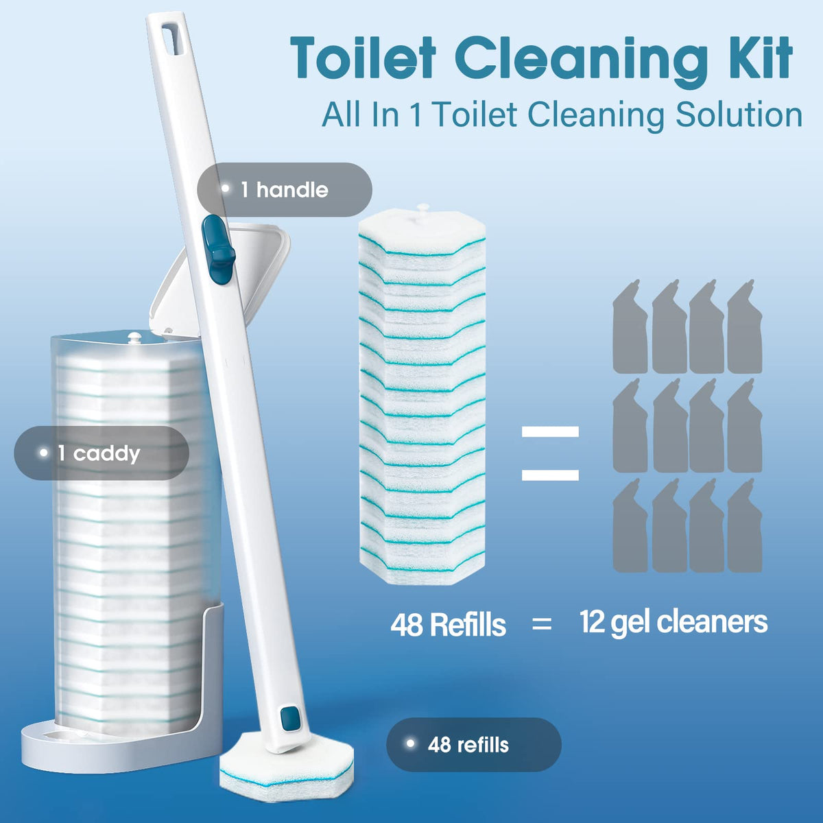 Disposable Toilet Brush with 48 PCS Refills, Disposables Toilets Cleaning System with Handle, Storage Caddy and 48Toilet Bowl Refill Heads