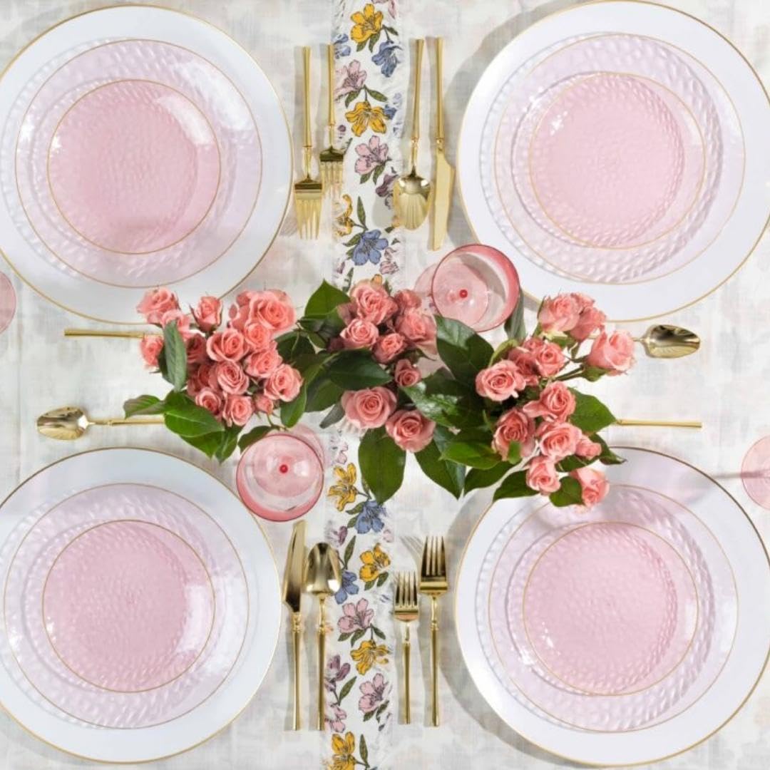 Blue Sky Organic Hammered Pink Gold Rim Plates - 10 Count, 9" | Round Disposable Plastic, Elegant Design for Parties & Events