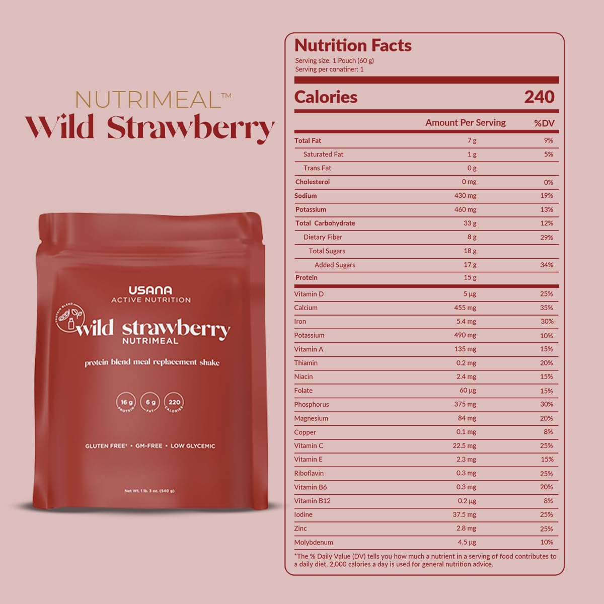 USANA Nutrimeal Meal Replacement Shake - Wild Strawberry - NON-GMO - Gluten Free - Low Glycemic - 540 Grams - 9 Servings