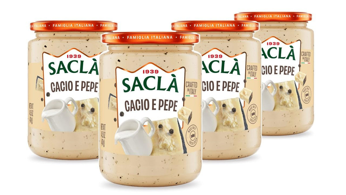 SACLA Cacio e Pepe Pasta Sauce 4-Pack | Authentic Italian Pecorino Romano Cheese & Black Pepper Pasta Sauce | FOUR 14.5 oz Jars | Made in Italy |