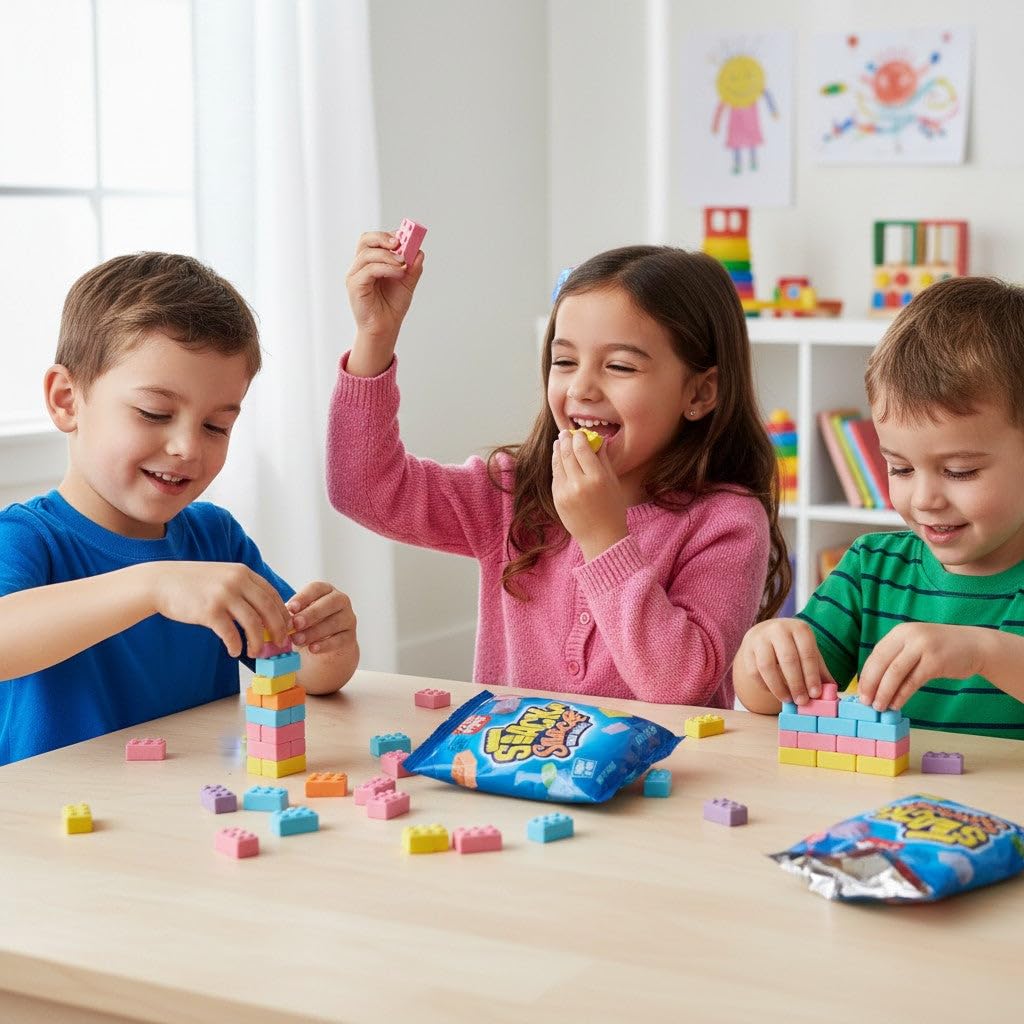 DOUzzle Kosher, Stack 'n Snack Candy Blocks, Edible Bricks, Building Blox, Construction Cake Toppers, (2 Pack), Individually Wrapped Treats, Birthday