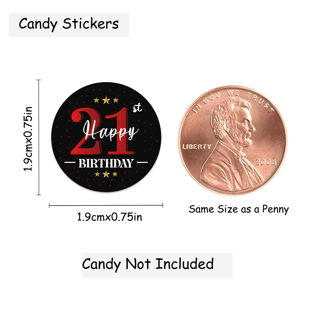 Happy 21st Birthday Party Favor Labels Chocolate Candy Stickers - Twenty One Years Old Birthday Round Candy Sticker Party Favors - Black and Red - 150
