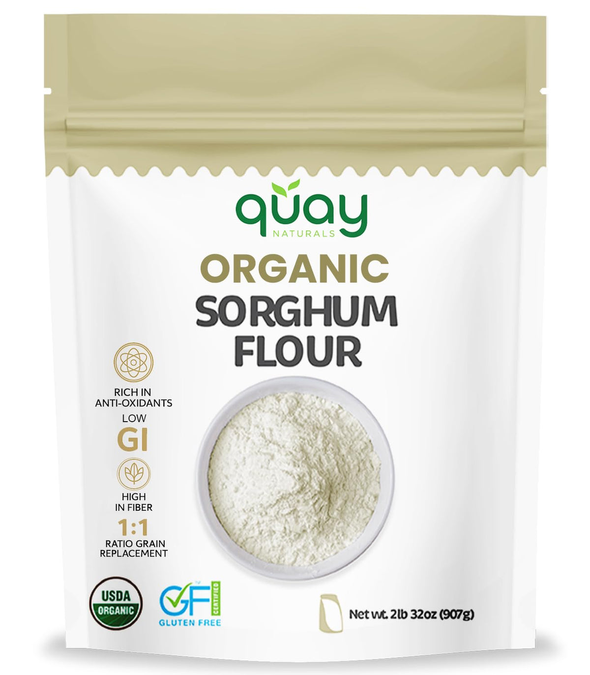 Quay Naturals Organic Sorghum Flour 2lb - Organic Jowar Flour - Made With Gluten Free Sorghum Whole Grain - Non GMO - Gluten Free Baking Flour