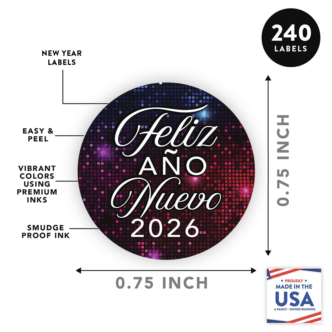 Andaz Press Shimmer Tiles Feliz Año Nuevo Chocolate Drop Labels, Spanish Happy New Year Stickers 2026 for New Years Party Favors 2026, Fits Kisses