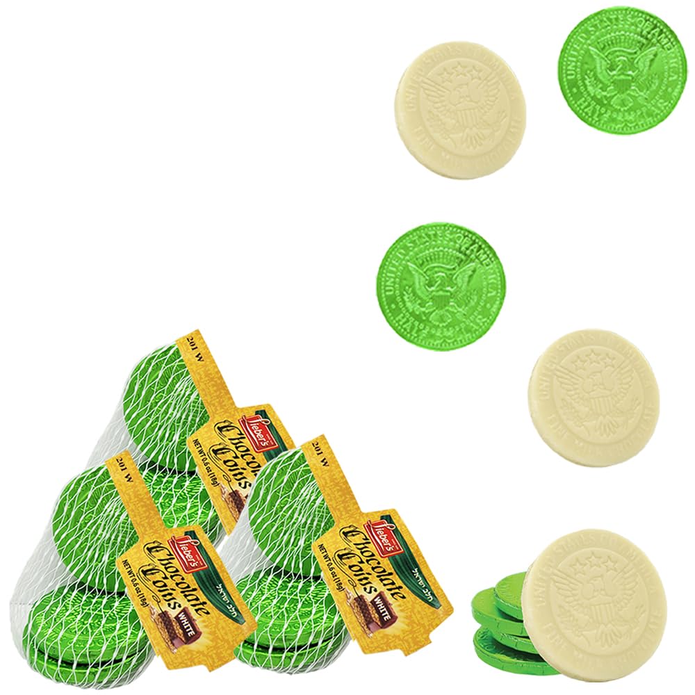 St. Patrick's White Milk Chocolate Coins in Mesh Bags, Green Foil Half-Dollar Design, Dairy Milk Chocolate, Kosher (72 Mesh Bags)