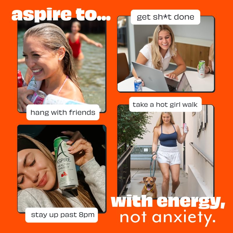 ASPIRE® Mango Lemonade, Healthy Energy Drink 80mg Natural Caffeine, Zero Sugar No Carbs Keto Friendly, 12 Pack Green Tea Sugar Free Drink Low Caffeine