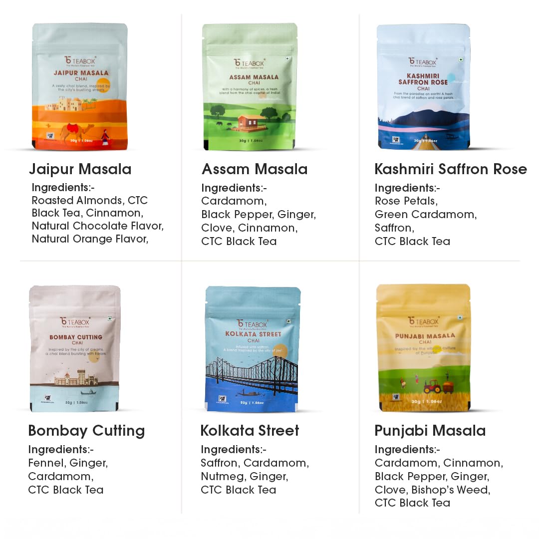 Teabox Premium Authentic Indian Spiced Chai Tea Trial Pack, 10 Exotic Varieties of Chai, 30G Each, 100% Real Ingredients. No Artificial Flavors |