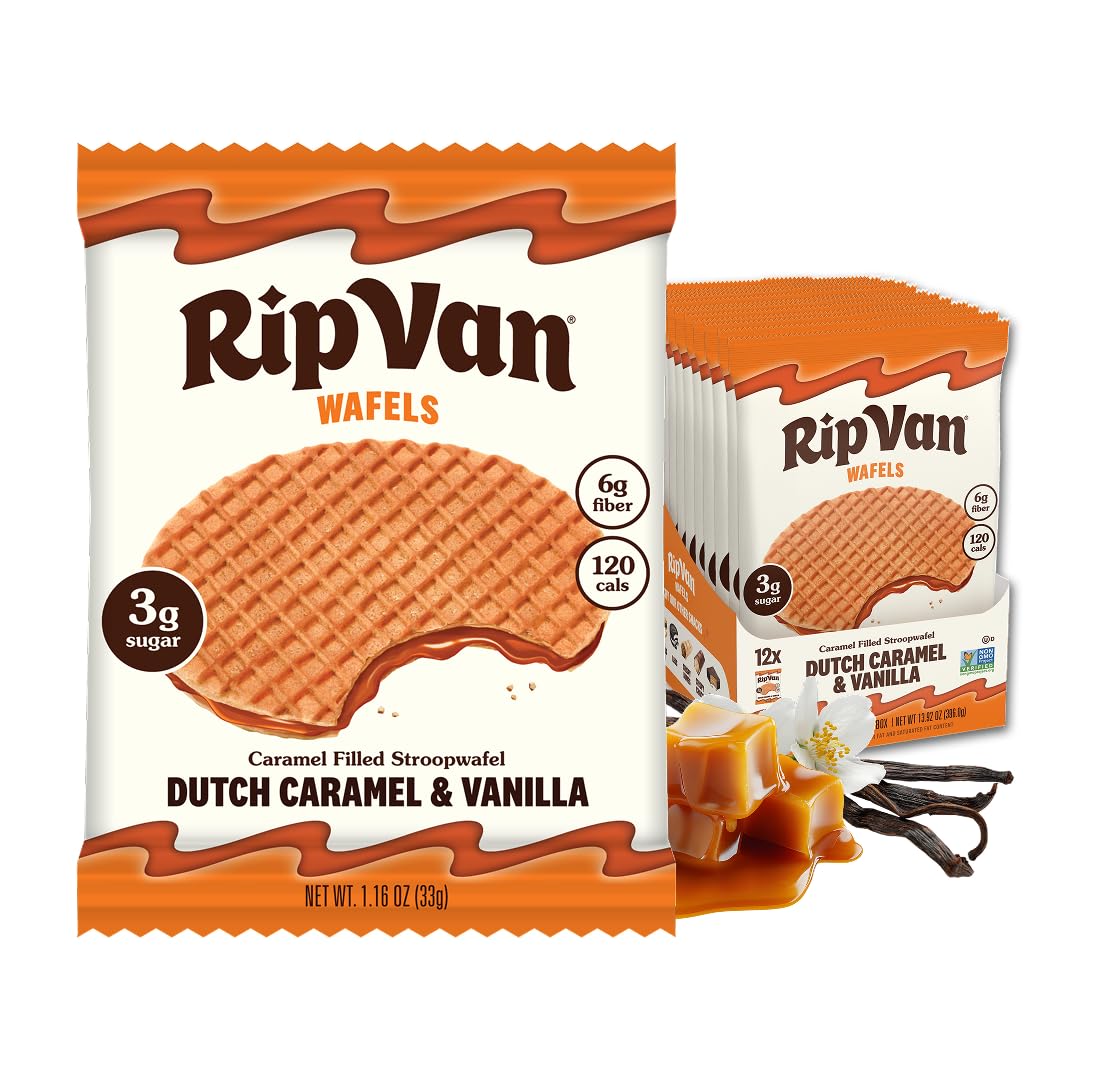 Rip Van Wafels Dutch Caramel & Vanilla Stroopwafels, Healthy Snacks, Non-GMO, Low Calorie, Low Sugar (3g), Office Snacks, Keto Friendly, 12 Count