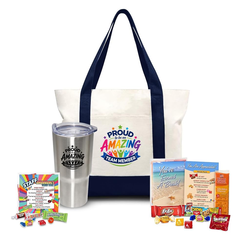 Promos On-Time Team Member Appreciation Set with Tote, Tumbler & Candy Packs for Employee & Staff Appreciation Gift Giving