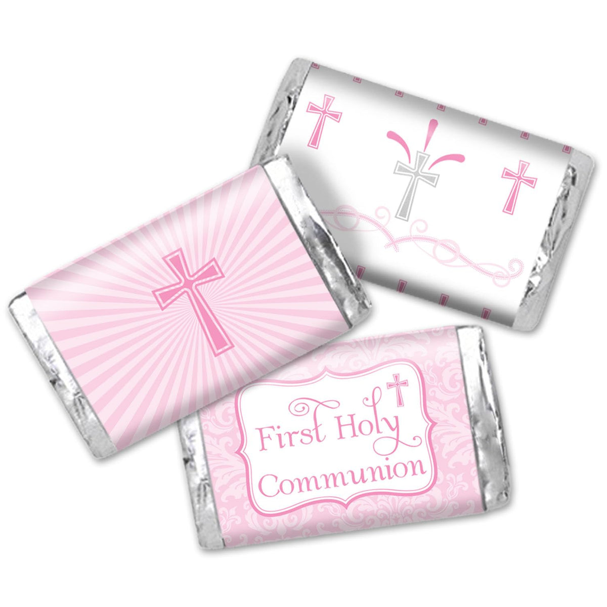First Holy Communion Mini Chocolate Candy Bar Sticker Wrappers for Girls, 45 1.4" x 2.6" Wrap Around Labels by AmandaCreation, Great for Party Favors