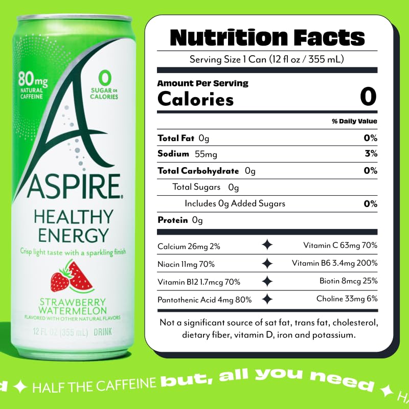 ASPIRE® Healthy Energy Drink with Low Caffeine, No Sugar, Carbs, and Keto Friendly Pack - Strawberry Watermelon, 12 Pack