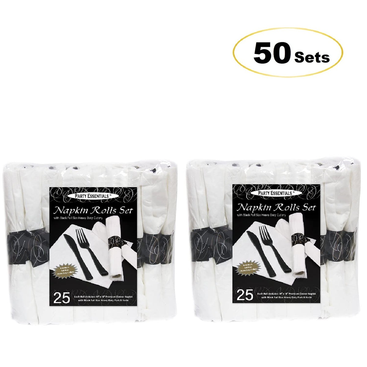 Party Essentials Party Supplies Wrapped Silverware Set Disposable, Pre Rolled Napkin and Cutlery, Forks/Knives Black, 50 Units