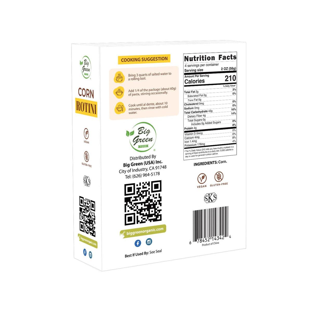 Big Green Food - Corn Rotini, Premium Gluten-Free Penne Pasta, Wheat Free, Vegan Friendly (1 Box)