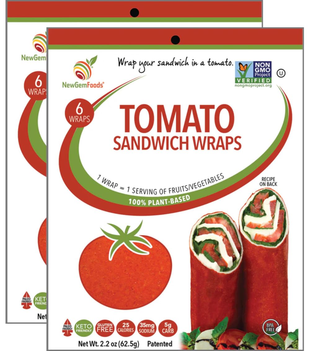 Tomato Sandwich Wraps (Two-Pack) - Plant-Based, Gluten-Free, Low-Calorie Wraps Made with Real Tomatoes - Non-GMO, Vegan, Paleo-Friendly Bread