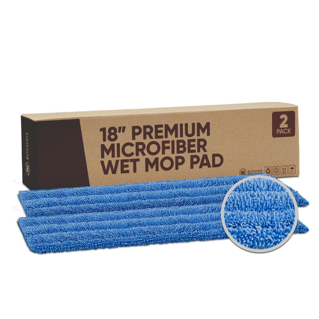 Microfiber Wholesale 18" Absorbent Microfiber Wet Mop Pad - Reusable, Machine Washable, Refills (2 Pack)