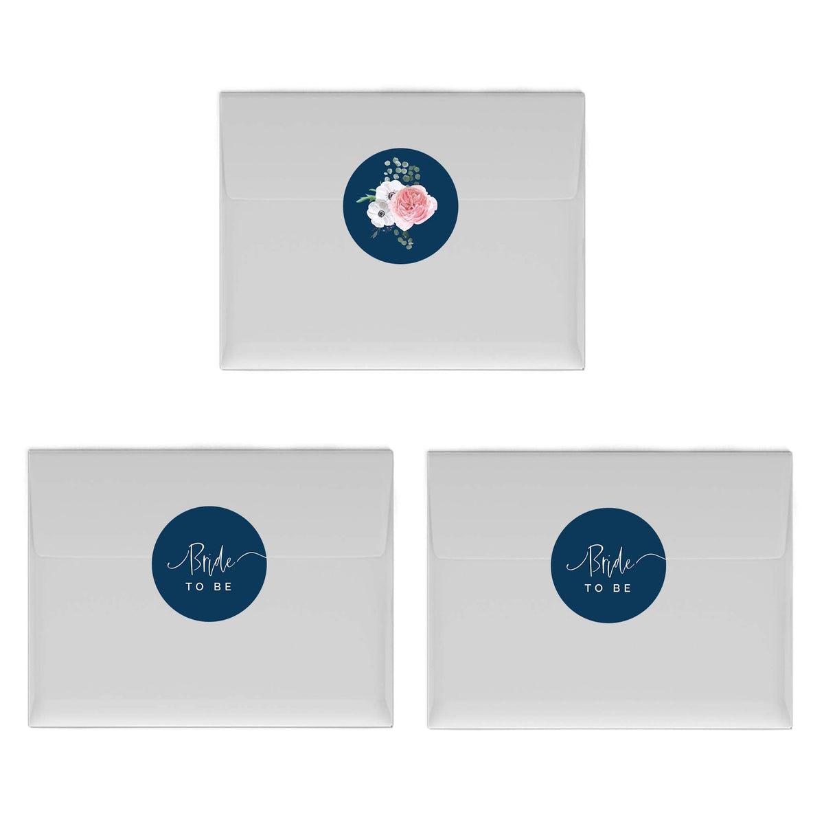 Andaz Press Winter Navy Blue with Eucalyptus Blossoms Wedding Party Collection, Chocolate Drop Label Stickers Trio, Bride to Be, Floral Graphic