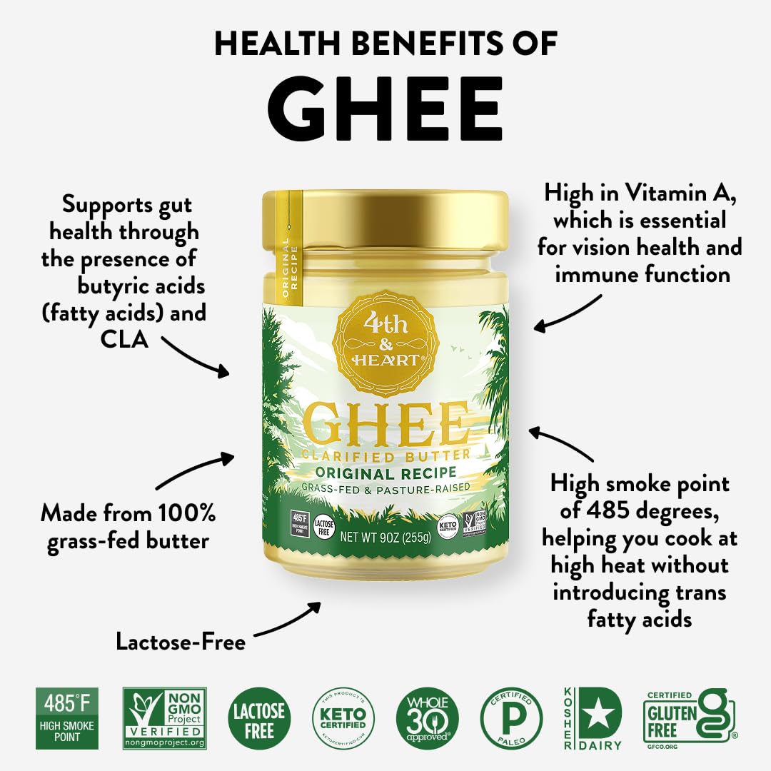 4th & Heart Himalayan Pink Salt Grass-Fed Ghee, Clarified Butter, 100% Butter Fat, Pasture-Raised, Lactose & Casein Free, High Smoke Point Cooking