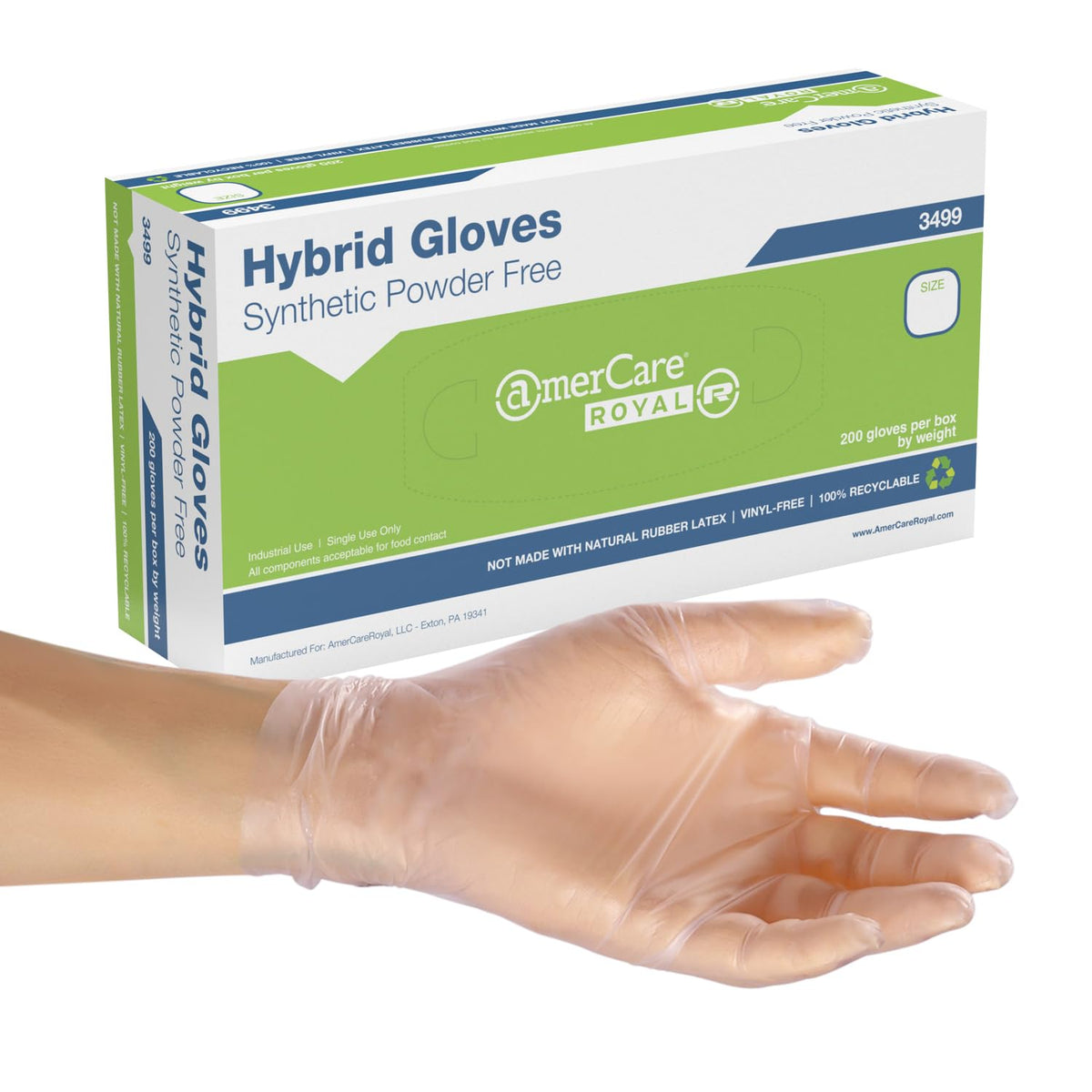 AmerCare Gen 2.0 Hybrid Powder Free Gloves, Medium, Case of 1000