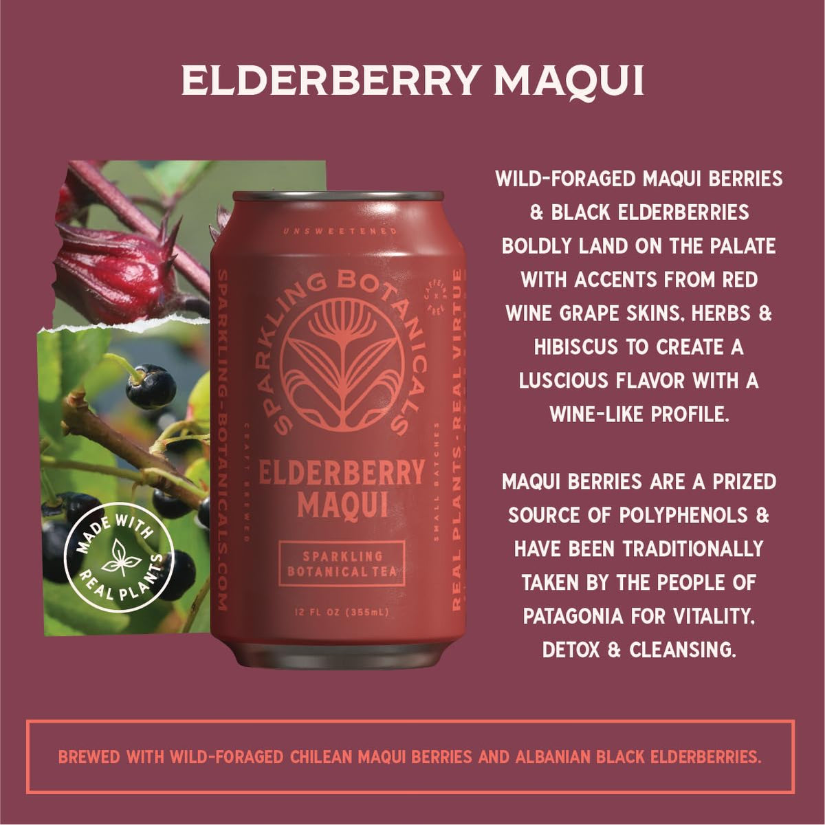 Rishi Tea Elderberry Maqui Sparkling Botanicals Sparkling Water - Organic, Unsweetened, Zero Added Sugar, Caffeine Free, Craft-Brewed From Real Plants