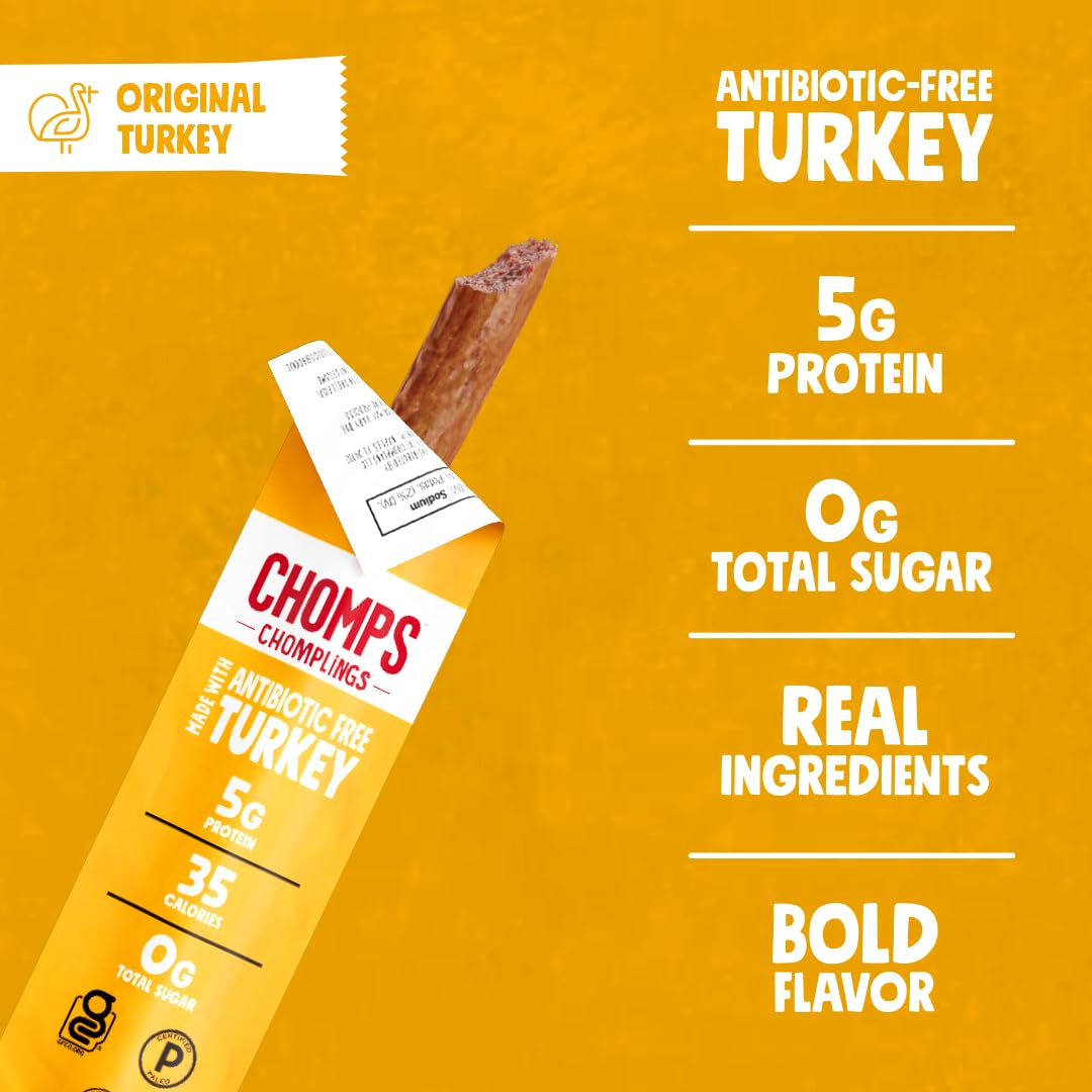 Chomps Snack Size Original Turkey Jerky Meat Sticks, ABF Turkey, Keto, Paleo, Whole30 Approved, Low Carb, High Protein, Gluten Free, Sugar Free, 35