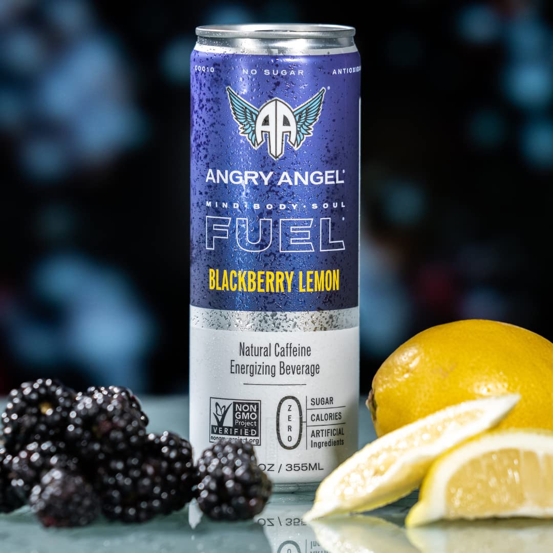 Angry Angel Blackberry Lemon & Peach Ginger Natural Energy Drink - (24 count) Mixed Pack - Zero Sugar - CoQ10 - Important B Vitamins - 12 oz Cans