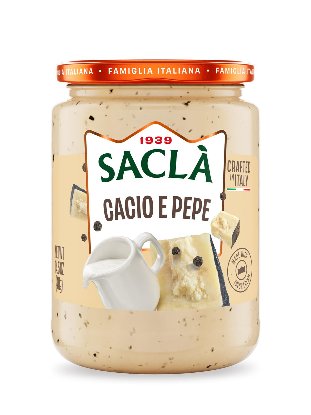 SACLA Cacio e Pepe Pasta Sauce | Authentic Italian Pecorino Romano Cheese & Black Pepper Pasta Sauce | 14.5 oz Jar | Made in Italy | Non-GMO | Creamy