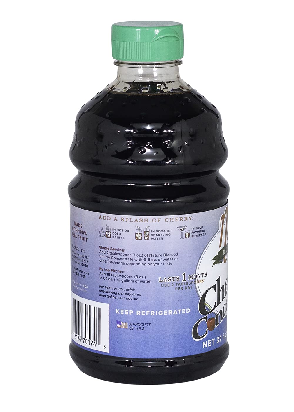 Nature Blessed 100% Pure Tart Cherry Concentrate - 2 Quarts (Two 32oz Bottles), Refreshing by itself or in Smoothie, All Natural, No added Sugar or