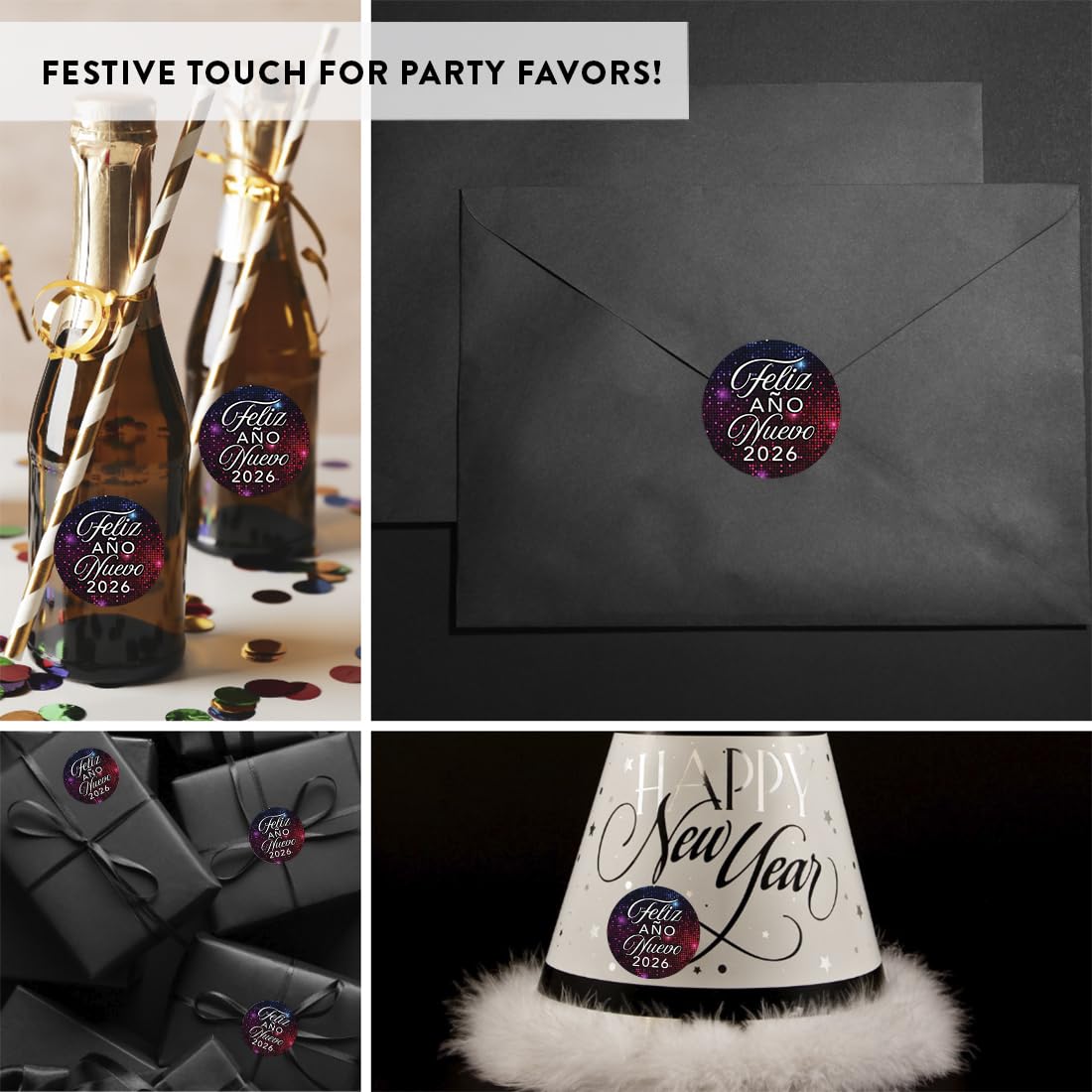 Andaz Press Shimmer Tiles Feliz Año Nuevo Chocolate Drop Labels, Spanish Happy New Year Stickers 2026 for New Years Party Favors 2026, Fits Kisses