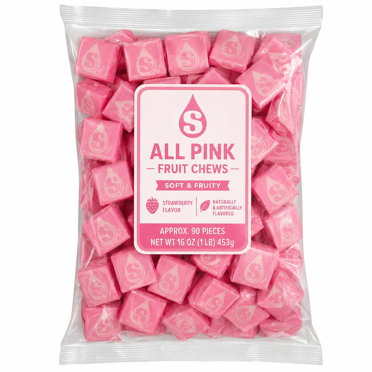 All Pink Strawberry Chewy Candy - Fruit Flavor - 1 lb Bulk Bag