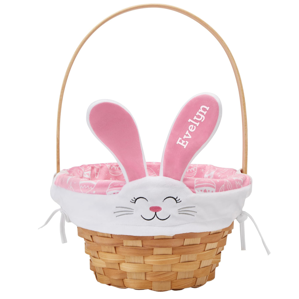 Let's Make Memories Personalized Easter Basket - Wicker - Embroidered Liner - Happy Bunny - Pink