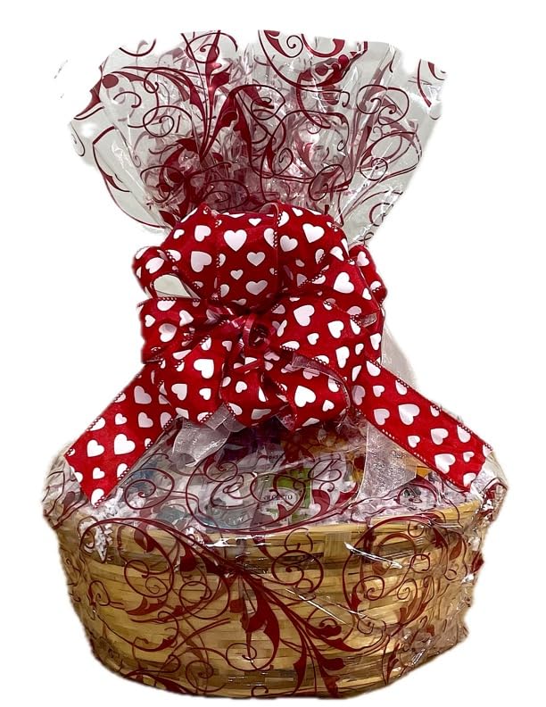 Valentines Day Be Mine Chocolate Gift Basket. Hand-Crafted and Customizable with a huge double bow with chocolates, cookies, candy, snacks, for women