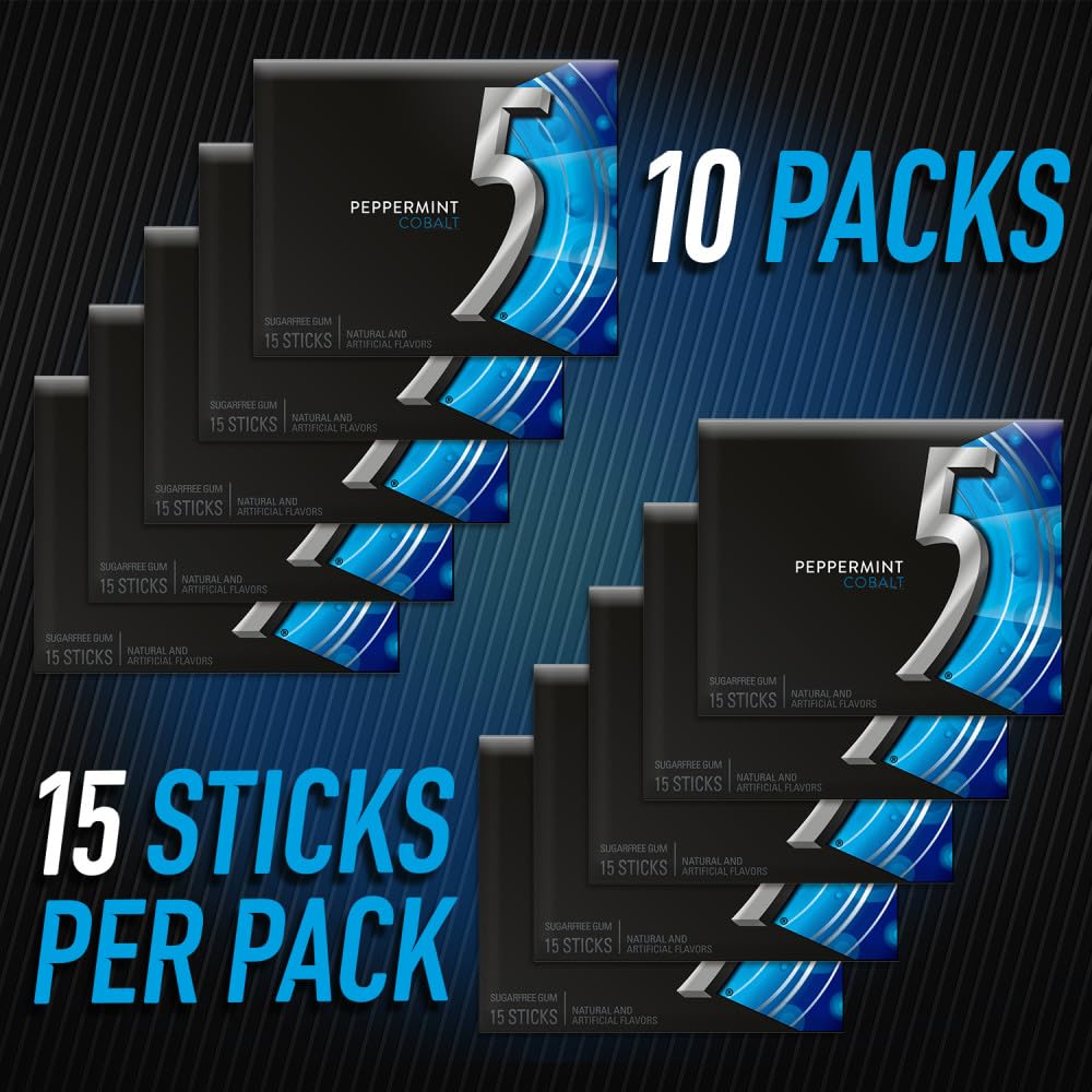 5 GUM Peppermint Cobalt Sugar Free Chewing Gum Refreshing Cooling Minty Flavor Five Gum, 15 Stick Pack (10 Pack)