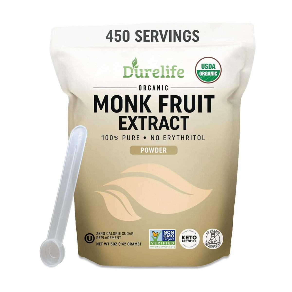 Durelife Organic 100% Pure Monk Fruit sweetener, No Erythritol, Monkfruit Extract Powder, USDA organic NON-GMO Project Verified, Keto Certified, OU kosher No Fillers Zero Calorie Sugar Substitute 5 OZ