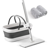 Oshang Flat Mop and Collapsible Bucket OG7 with Wheels, 2 Washable Reusable Microfiber Pads, Pure White