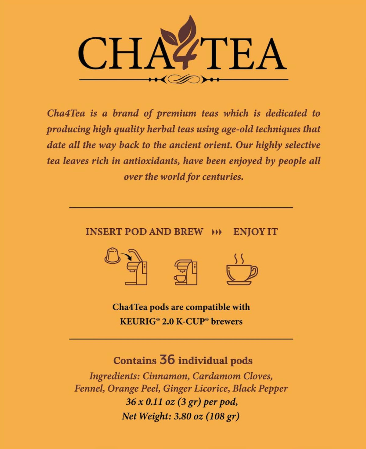 Cha4TEA 36-Count Herbal Chai Tea Pods Compatible with Keurig K-Cup Brewers