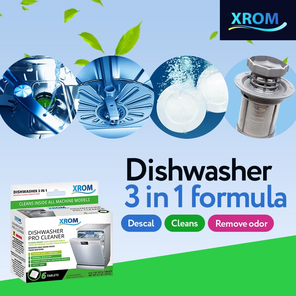 XROM Dishwasher Cleaner Tablets, Plant Based, Deep Clean and Descaler, Removes Odors & Hard Water Stains, 6 Treatments.