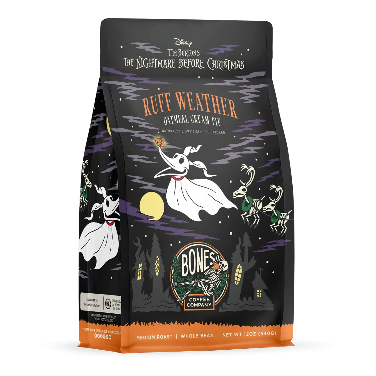 Bones Coffee Company The Nightmare Before Christmas Ruff Weather Flavored Coffee Beans, Medium Roast Ground Coffee Low Acid, Oatmeal Creampie Flavor