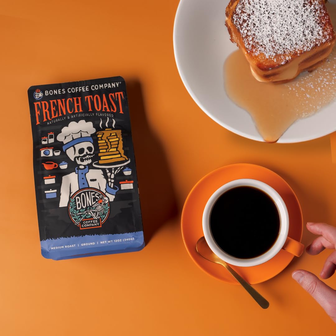 Bones Coffee Company French Toast, Sweet and Buttery Flavored Flavored Coffee, Medium Roast Low Acid Arabica Beans Compatible with Auto drip