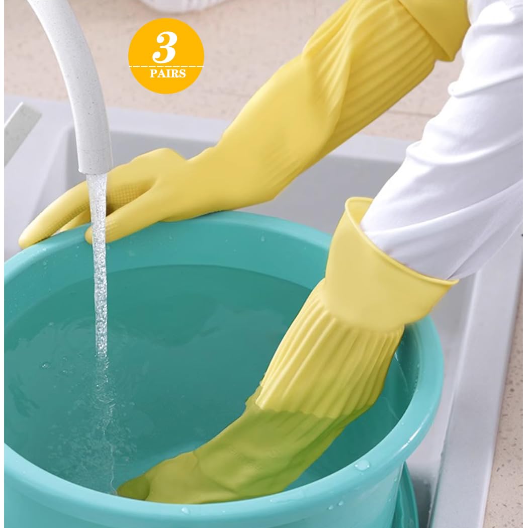 Vsootal 3- Pair 17.8 - Inch Elbow - Length Reusable Rubber Waterproof Household Cleaning and Kitchen Dishwashing Gloves - Small Size