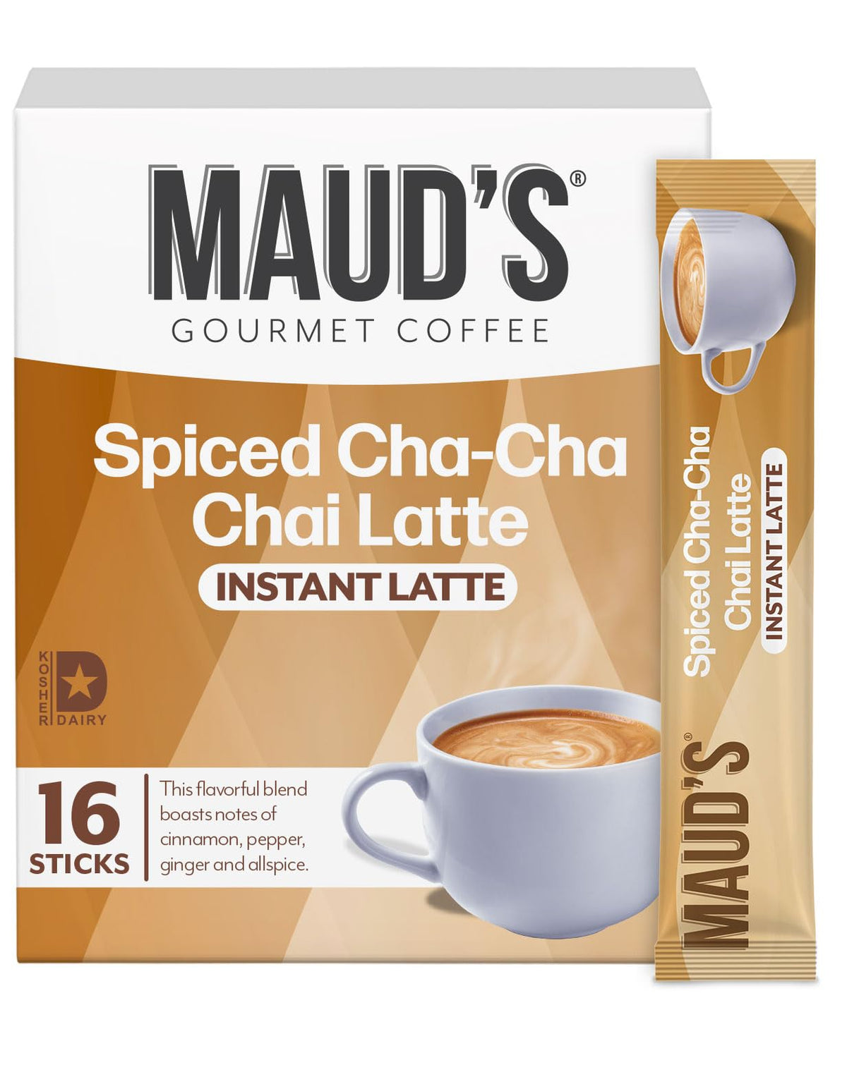 Maud's Spiced Chai Tea Latte Instant Packets, 16 ct, 100% Gourmet Blended Tea Leaves, Instant Hot or Iced Chai Tea Latte - Just add water