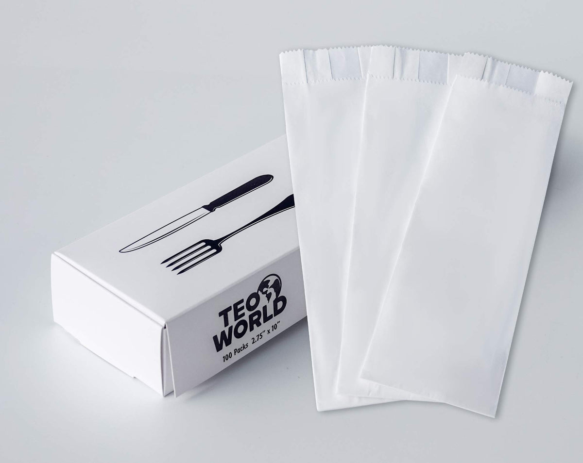 100 Pack 100% White Kraft Paper Bags, 2.75 x 10 inches White Plain Bag Kitchen Cutlery Utensils Holder (Box of 100 pcs)