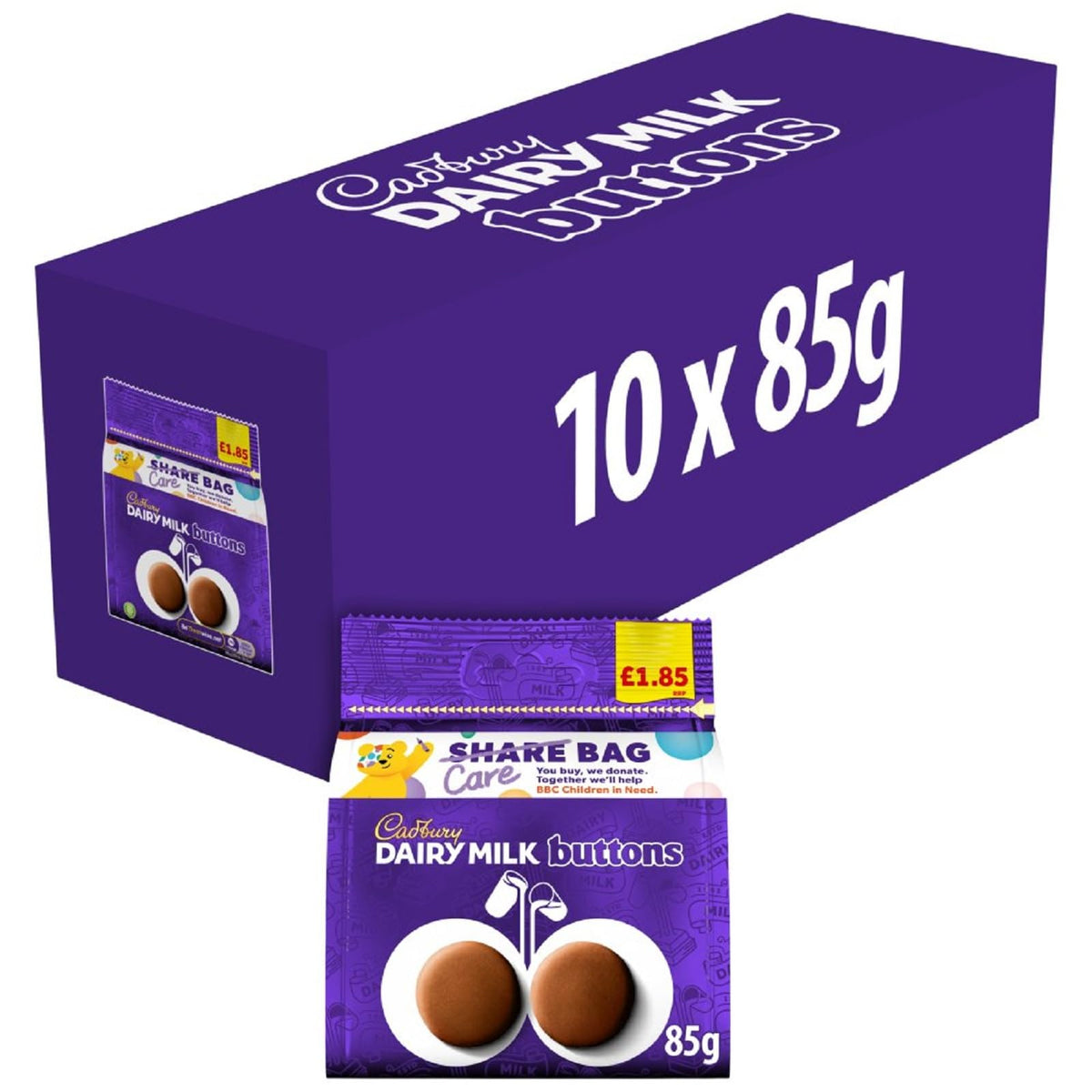 Cadbury Dairy Milk Giant Chocolate Buttons Bag, 85g , Perfect for sharing with friends and family, Pack of 10
