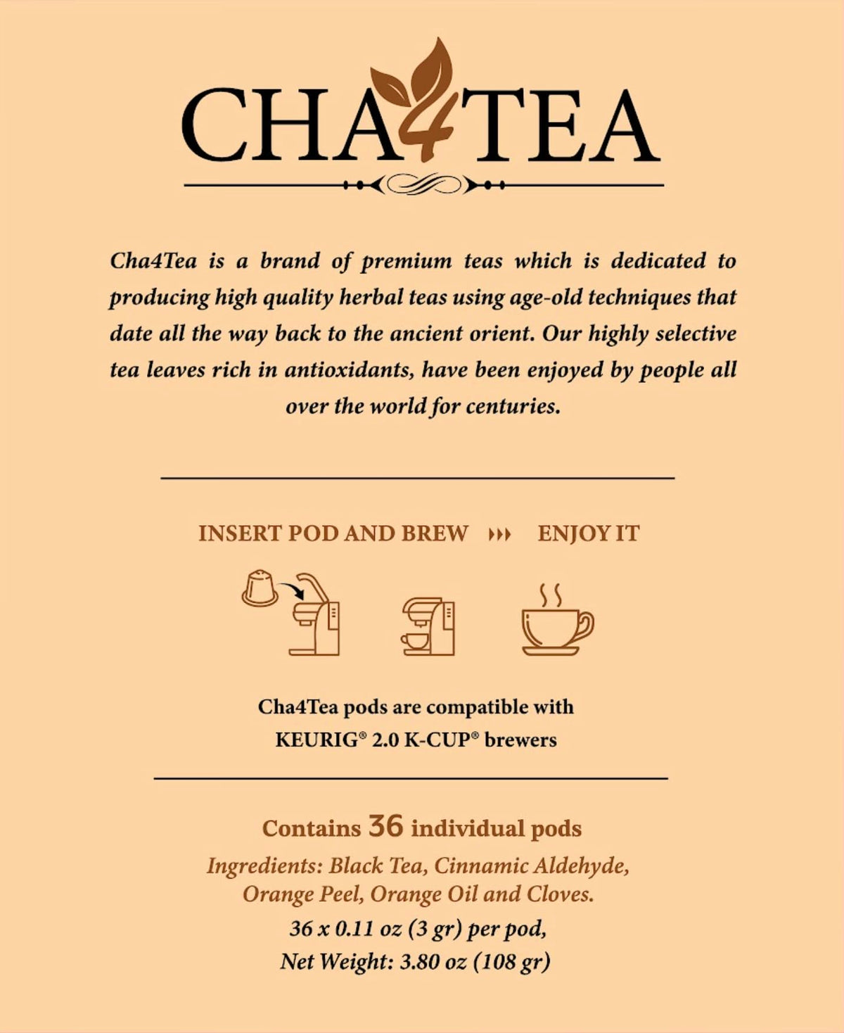 Cha4Tea 36-Count Cinnamon Orange Spice Herbal Black Tea Pods Compatible with Keurig K-Cup Brewers
