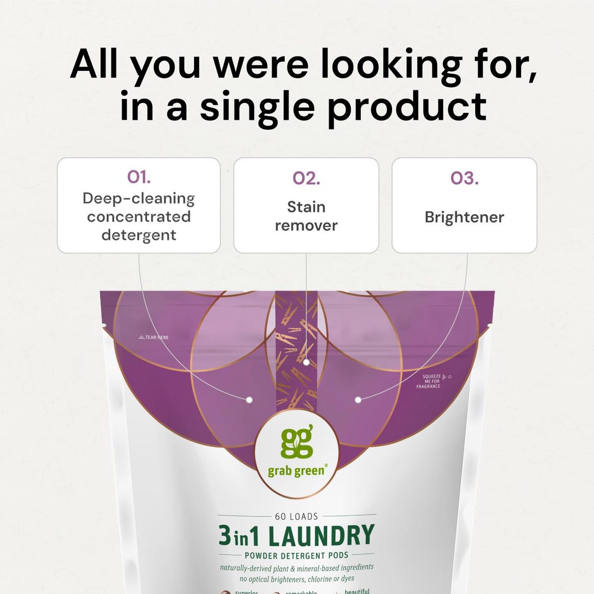 Grab Green 3-in-1 Laundry Detergent Pods, Vetiver Scent, Plant and Mineral Based, Superior Cleaning Power, Stain Remover, Brightens Clothes, White