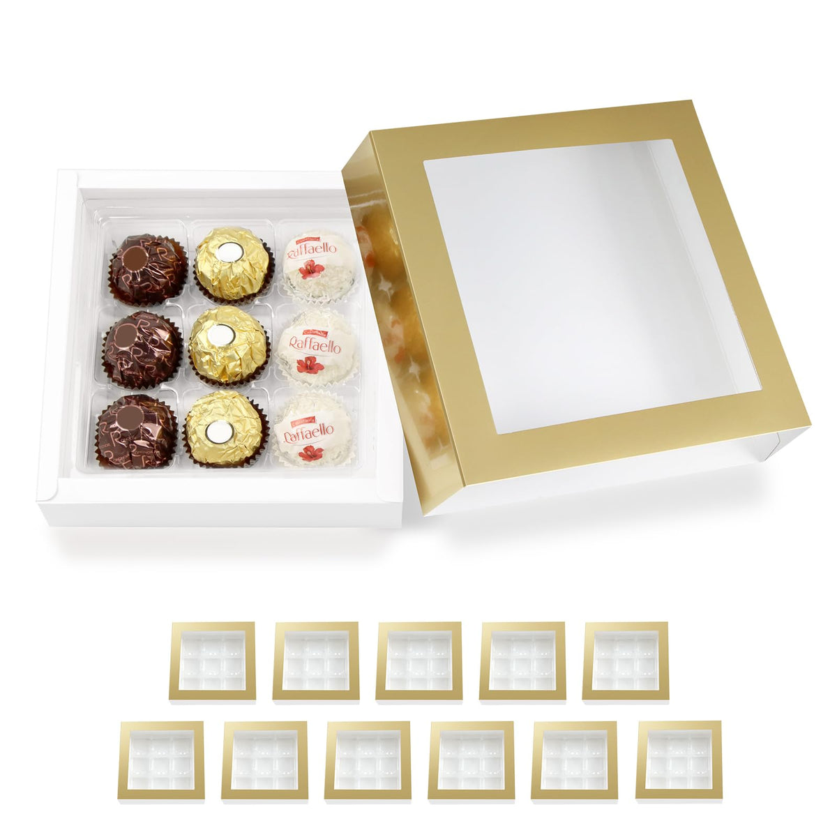 BAKIPACK 12 Gold Truffle Boxes with 9-Piece Plastics Tray, Chocolates Boxes