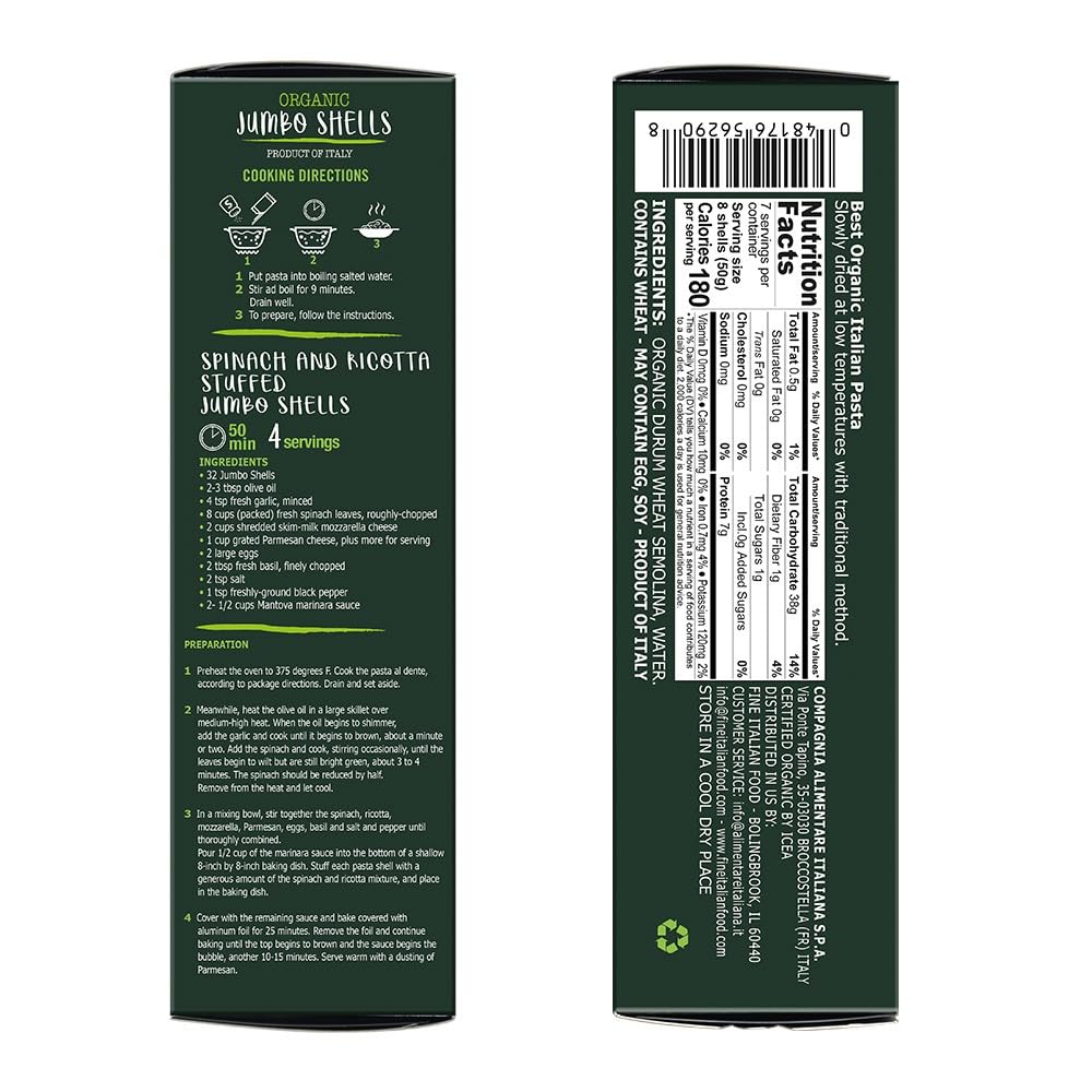 Mantova Organic Jumbo Shells Pasta, 12oz boxes (Pack of 2), Non-GMO, Product of Italy, Made with Organic Durum Wheat Semolina, Great for Stuffing