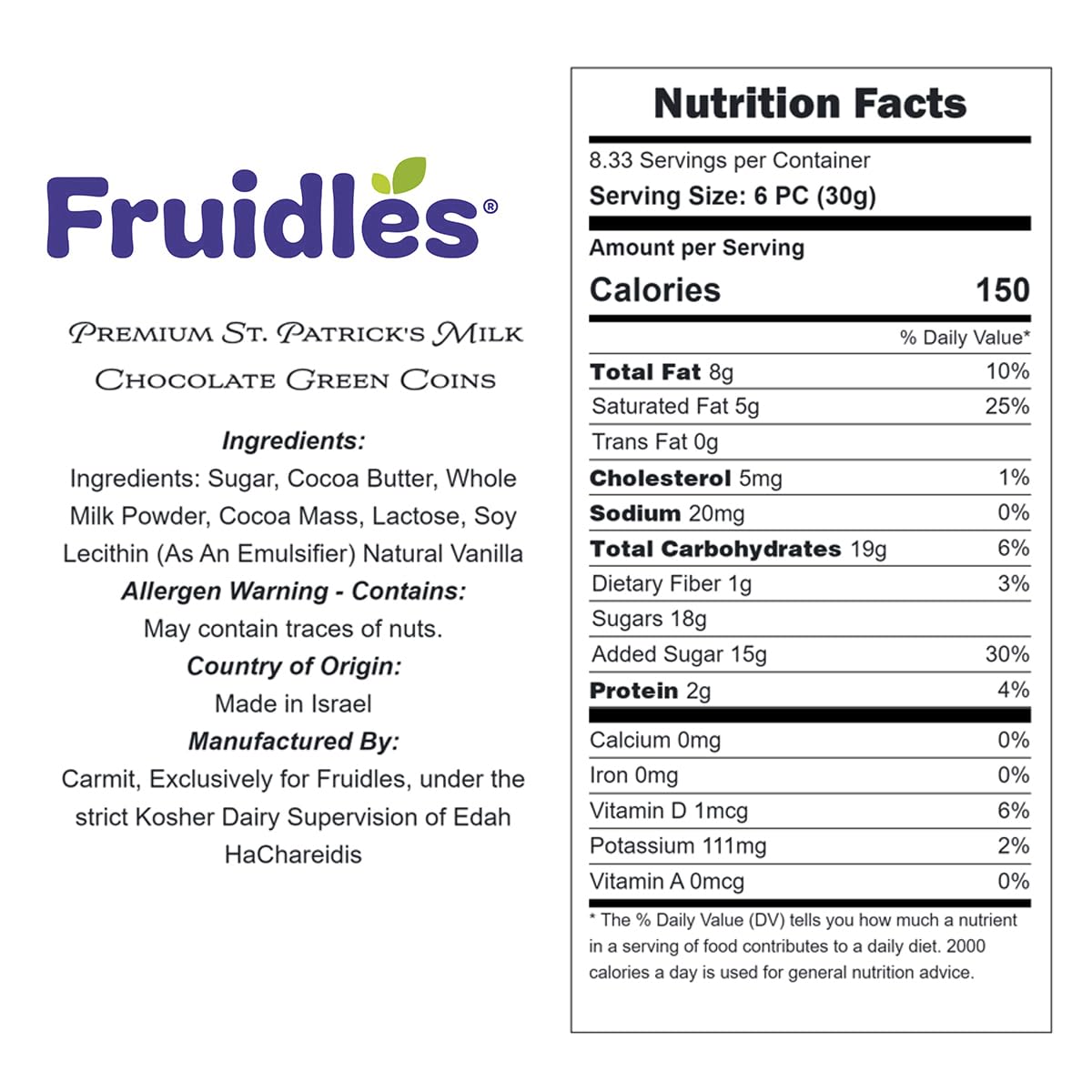 Fruidles Saint Patrick's Day 50 Clover Shamrock Leprechaun Chocolate Green Coins, Premium Belgian Nut-Free Milk Chocolate, Kosher, (50 Pack)