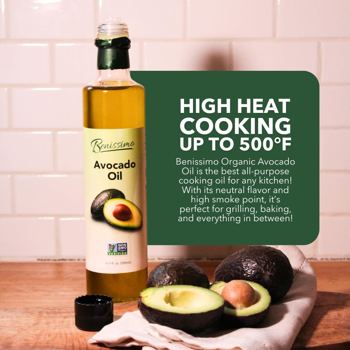Benissimo 100% Pure Avocado Oil, 500ml Glass Bottle, Allergen-Free and Non-GMO, Premium Cold-Pressed Cooking Oil for Grilling, Sautéing, Baking