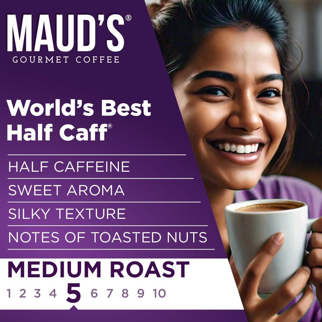 Maud's Half Caffeine Instant Coffee, 24 ct, 100% Arabica Coffee, Medium Roast, Instant Hot or Iced Coffee - Just add water